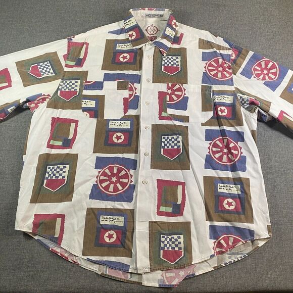Vintage Marithe Francois Girbaud All Over Print Button Shirt Mens‎ XL White Y2K - Picture 1 of 11